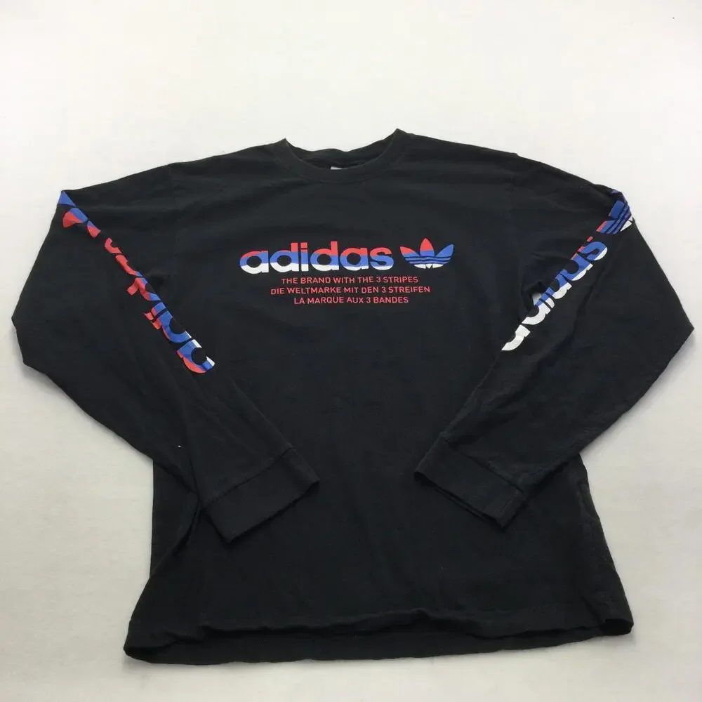 Adidas Shirt Mens Small Black Long Sleeve Trefoil Logo Graphic Tee Three Stripe